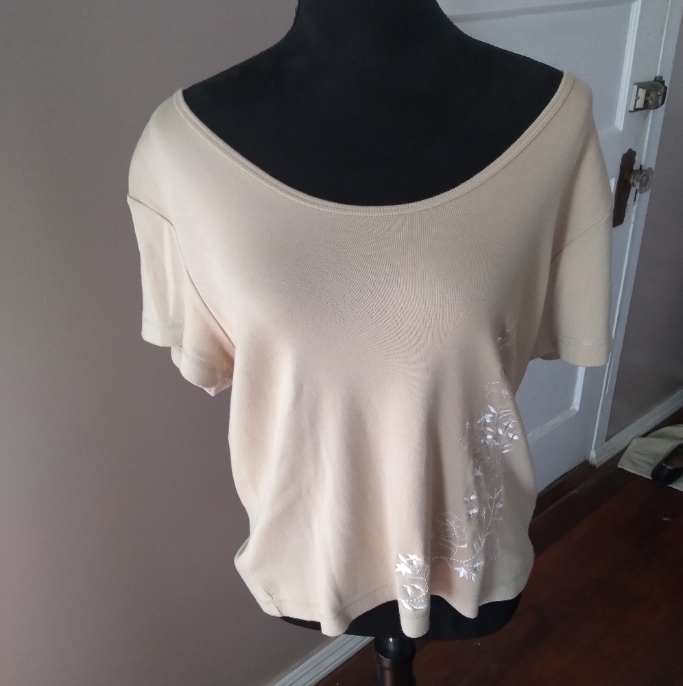 Liz Claiborne Beige 100% Cotton Top w/ Floral Detail | Size L